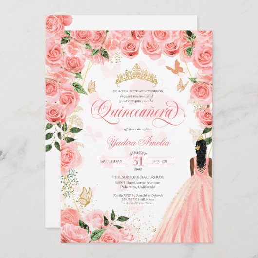 Quinceanera Pink Blush Rose Elegante Butterfly Inv Einladung (Vorne/Hinten)