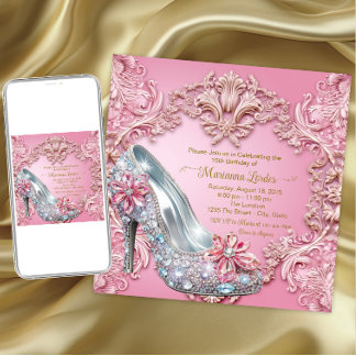 Quinceañera Pink Diamond High Heel Shoe Einladung