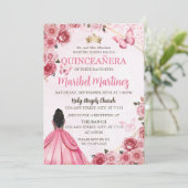 Quinceanera Pink Dress Floral Butterfly Einladung (Stehend Vorderseite)