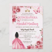 Quinceanera Pink Dress Floral Butterfly Einladung (Vorne/Hinten)
