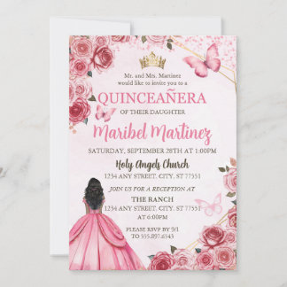 Quinceanera Pink Dress Floral Butterfly Einladung