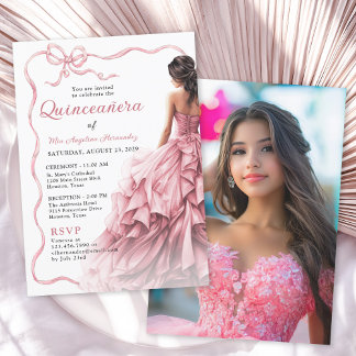 Quinceañera Pink Dress Scallope Ribbon Bow Foto Einladung