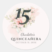 Quinceanera Pink Floral 15. Geburtstag Runder Aufkleber (Vorderseite)
