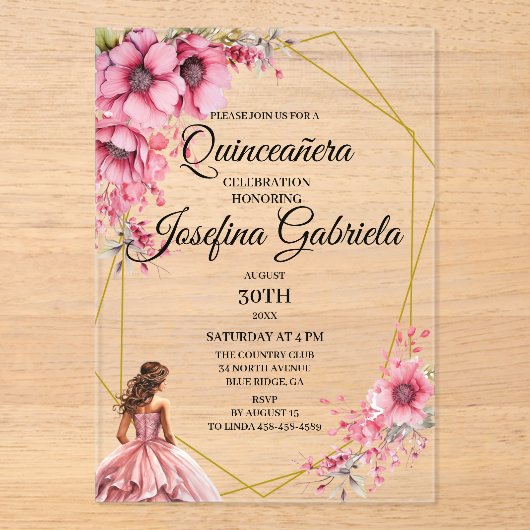 Quinceanera pink floral acryleinladungen (Vorderseite)