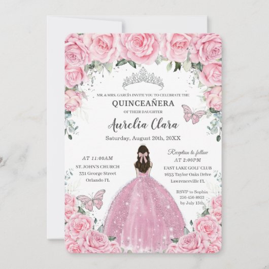 Quinceañera Pink Floral Butterfliegen Silver Tiara Einladung (Vorderseite)