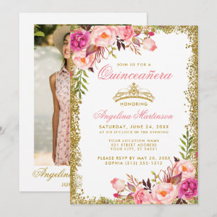 Quinceanera Pink Floral Foto Gold Glitzer Crown Einladung
