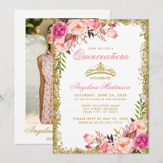 Quinceanera Pink Floral Foto Gold Glitzer Crown Einladung