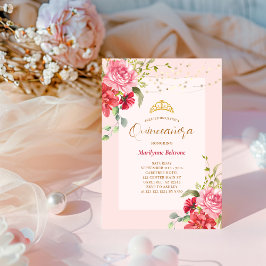 Quinceañera Pink Floral Gold Einladung