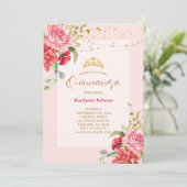 Quinceañera Pink Floral Gold Einladung (Stehend Vorderseite)