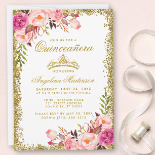 Quinceanera Pink Floral Gold Glitzer Crown Einladu Einladung