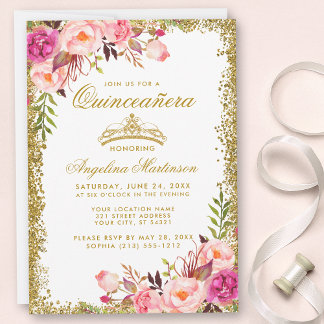 Quinceanera Pink Floral Gold Glitzer Crown Einladu Einladung