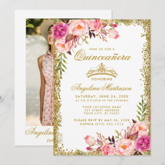 Quinceanera Pink Floral Gold Glitzer Crown Foto Einladung
