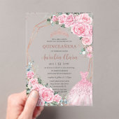 Quinceanera Pink Floral Princess Dress Rose Gold Acryleinladungen (Insitu (Handheld))