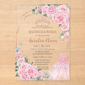 Quinceanera Pink Floral Princess Dress Rose Gold Acryleinladungen (Vorderseite)