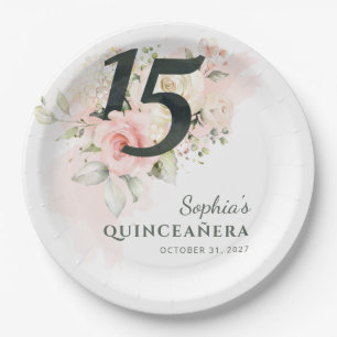 Quinceanera Pink Floral Rustikale 15. Geburtstagsp Pappteller