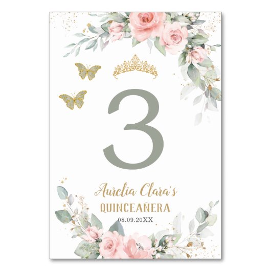Quinceañera Pink Floral Sage Grüne Schmetterlinge Tischnummer (Vorderseite)