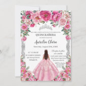 Quinceañera Pink Fuchsia Blume Kleid Gown Silber Einladung (Vorderseite)