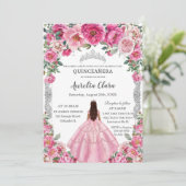 Quinceañera Pink Fuchsia Blume Kleid Gown Silber Einladung (Stehend Vorderseite)