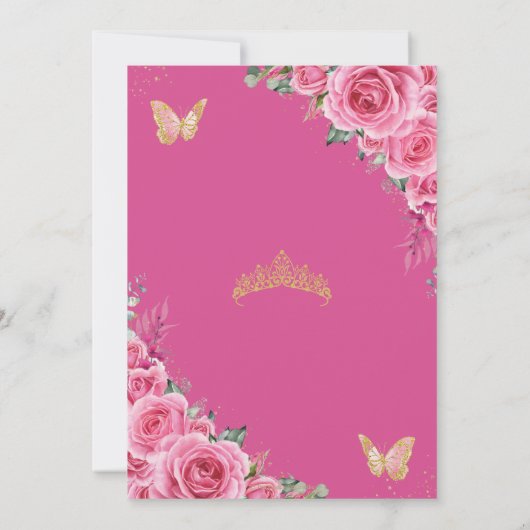 Quinceañera Pink Fuchsia Floral Gold Schmetterling Einladung (Rückseite)