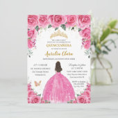Quinceañera Pink Fuchsia Floral Prinzessin Butterf Einladung (Stehend Vorderseite)