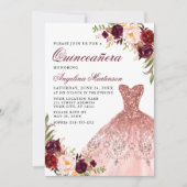 Quinceanera Pink Glitzer Dress Burgundy Floral Einladung (Vorderseite)