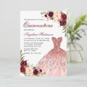 Quinceanera Pink Glitzer Dress Burgundy Floral Einladung (Stehend Vorderseite)