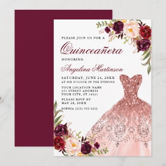 Quinceanera Pink Glitzer Dress Burgundy Floral Einladung