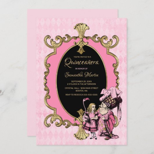 Quinceanera Pink Gold Alice im Wunderland Party Einladung (Vorne/Hinten)