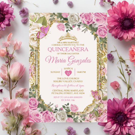 Quinceañera Pink & Gold Crown Mexicanischer Schmet Einladung