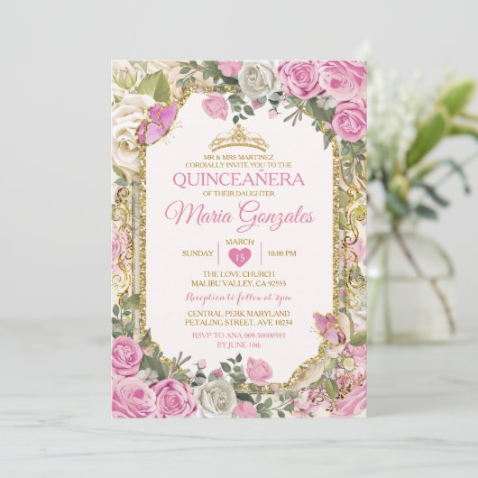 Quinceañera Pink & Gold Crown Mexicanischer Schmet Einladung (Stehend Vorderseite)
