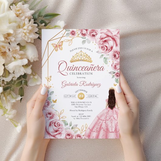 Quinceanera Pink Gold Dress Floral Einladung