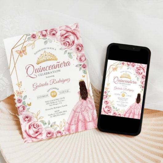 Quinceanera Pink Gold Dress Floral Einladung