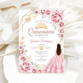 Quinceanera Pink Gold Dress Floral Einladung