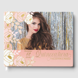 Quinceanera Pink Gold Floral Botanisch Gästebuch