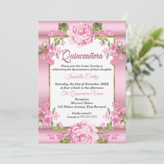 Quinceanera Pink Hübsch Country Floral Gold Einladung (Stehend Vorderseite)
