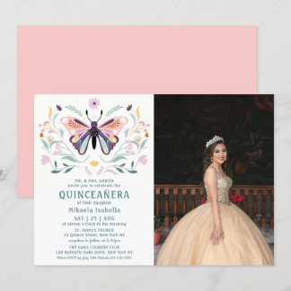 Quinceañera Pink Lila Butterfly Foto Floral Einladung