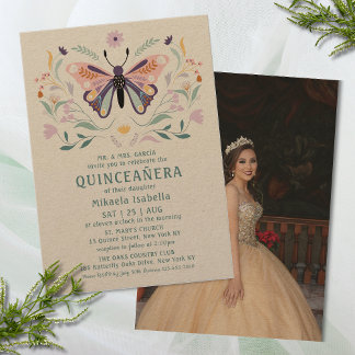 Quinceañera Pink Lila Butterfly Foto Floral Einladung