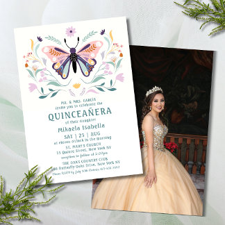 Quinceañera Pink Lila Butterfly Foto Floral Einladung