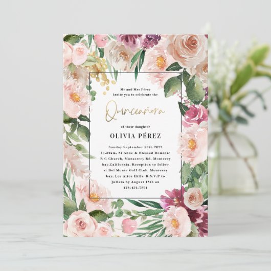 Quinceañera Pink mädchenhaft floralen 4 Foto Gebur Einladung (Stehend Vorderseite)