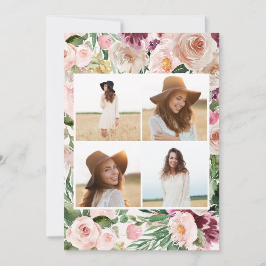 Quinceañera Pink mädchenhaft floralen 4 Foto Gebur Einladung (Rückseite)