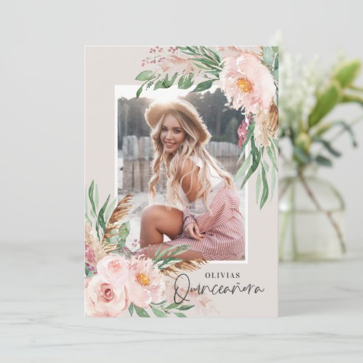 Quinceañera Pink mädchenhaftes Foto Geburtstag Einladung (Stehend Vorderseite)