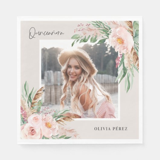 Quinceañera Pink mädchenhaftes Foto Geburtstag Inv Serviette (Vorderseite)