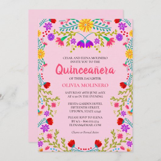 Quinceanera Pink mexikanische Flora 15. Geburtstag Einladung (Vorne/Hinten)