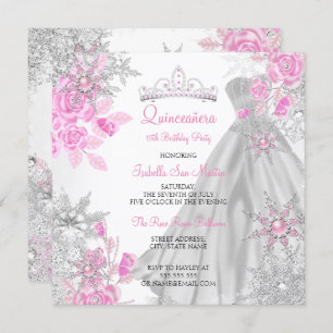 Quinceanera Pink Rose Winter Wonderland Schneefloc Einladung