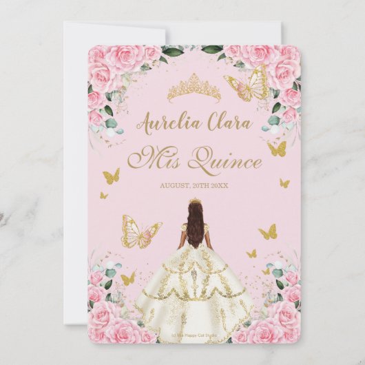 Quinceañera Pink Roses Blumenweißes Kleid Prinzess Einladung (Rückseite)