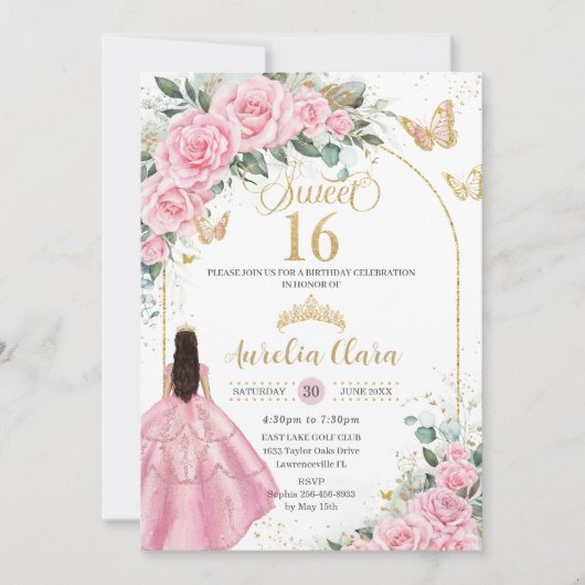 Quinceañera Pink Roses Brünettes Girl Einladung (Vorderseite)