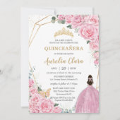 Quinceañera Pink Roses Floral Gold Prinzessin Crow Einladung (Vorderseite)