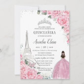 Quinceañera Pink Roses Floral Paris Eiffel Silver Einladung (Vorderseite)