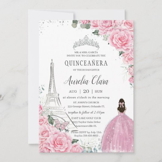 Quinceañera Pink Roses Floral Paris Eiffel Silver Einladung (Vorderseite)