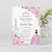 Quinceañera Pink Roses Floral Paris Eiffel Silver Einladung (Stehend Vorderseite)